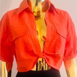 Micas Trendy Vibrant Orange Crop Shirt Button-Up Collared Short Sleeve NWT